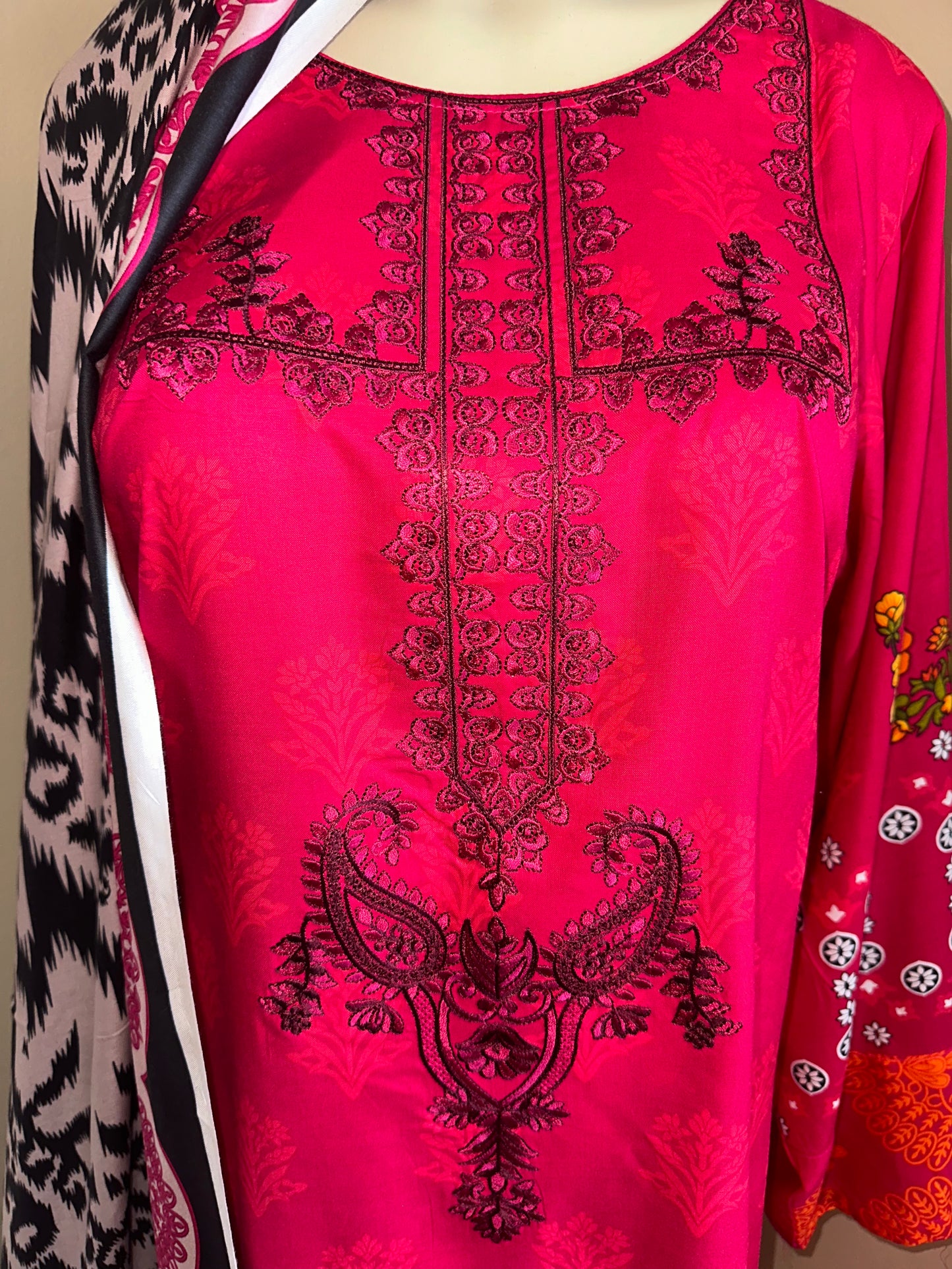 Embroidered Linen 3 pc Suit Fuchsia / Grey