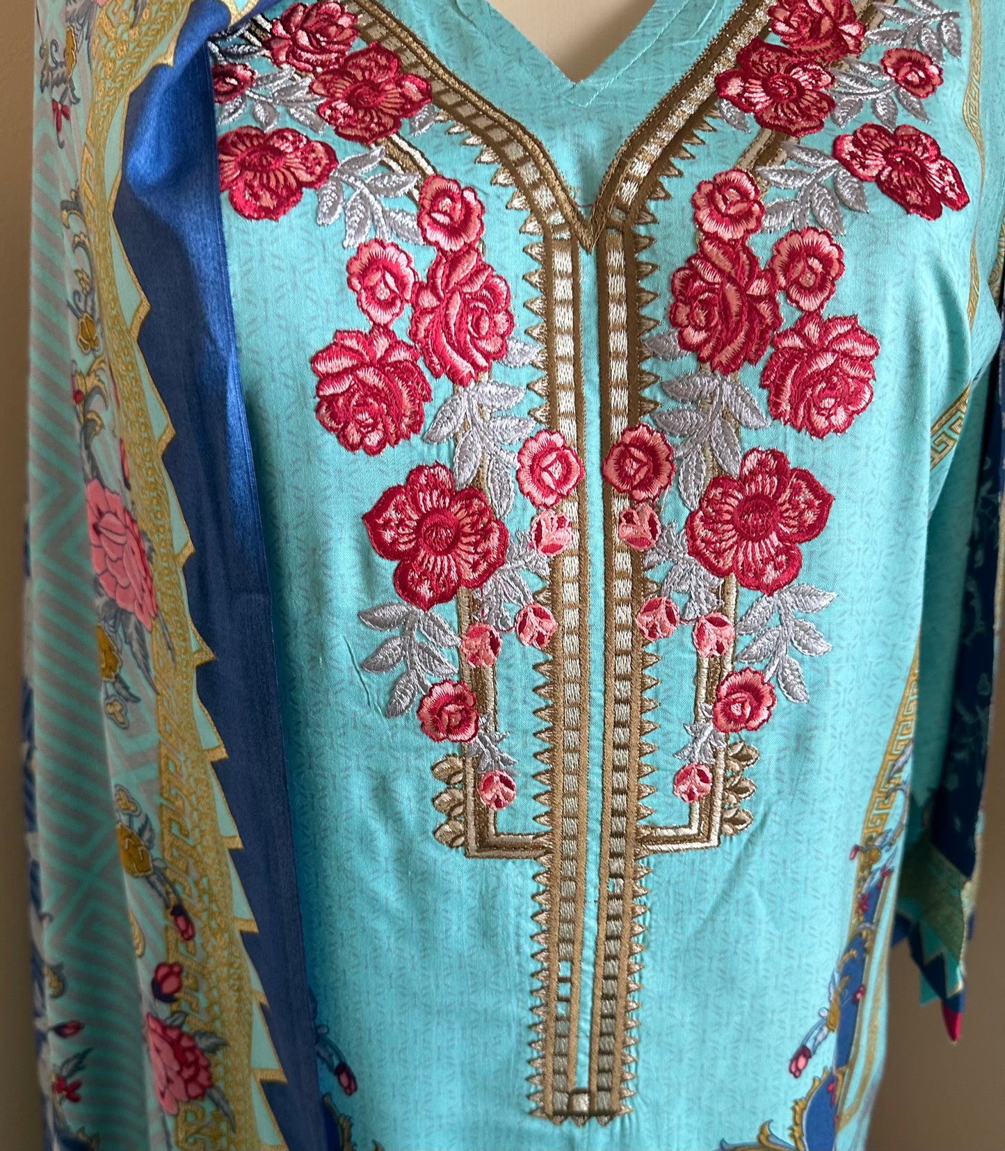 Embroidered Linen 3 pc Suit Sky blue/dark blue.