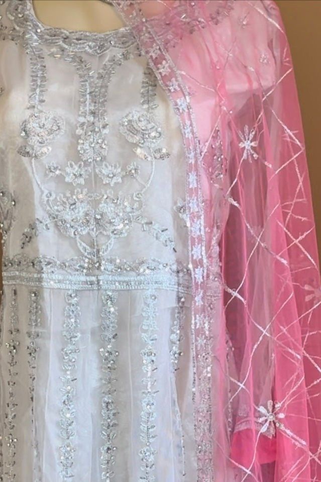Net Embroidery Silver And Pink Anarkali Gown - CTARA DESIGNS