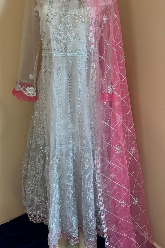 Net Embroidery Silver And Pink Anarkali Gown - CTARA DESIGNS